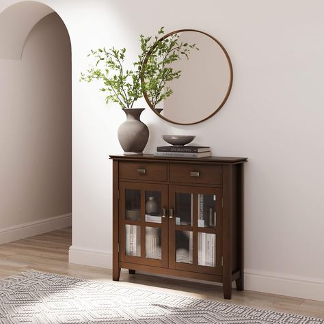 SIMPLIHOME Artisan SOLID WOOD 36 Inch Wide Contemporary Entryway Storage Cabinet in Russet Brown, For the Living Room, Entryway and Family Room. #CommissionsEarned Entryway Cabinet Decor, Entryway Storage Cabinet, Contemporary Entryway, Corner Ideas, Entryway Cabinet, Modern Bookshelf, Tempered Glass Door, Entryway Storage, Cabinet Decor