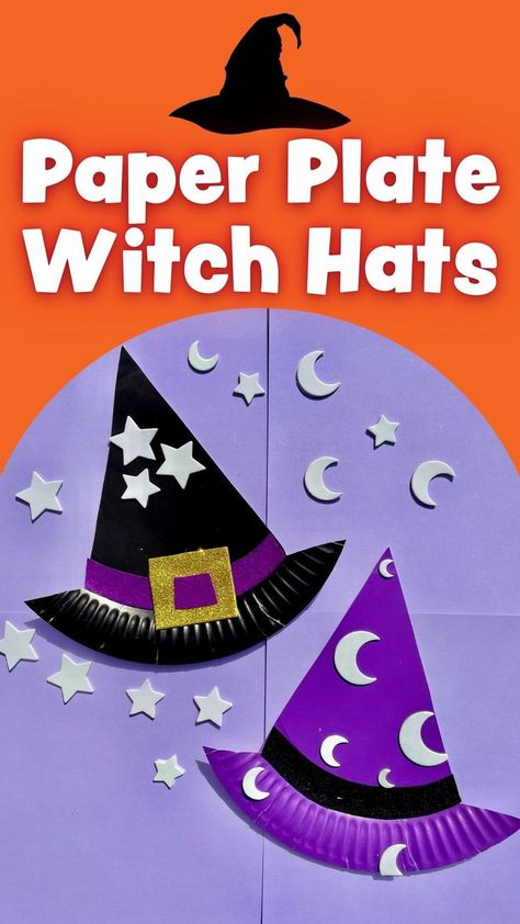 💜 Abracadabra! 💜 looking for a fun witches craft idea?! These witches hats are super easy to create using a paper plate, glitter card and glow in the dark stars! They are the perfect DIY Halloween craft and will be sure to cast a spell on you What are your Halloween plans?! Easy October Crafts Kindergarten, Halloween Witch Crafts Preschool, Witches Hat Preschool Craft, Shape Witch Craft, Witches Cauldron Craft Preschool, Witch Hat Craft Preschool, Halloween Crafts For Three Year Olds, Witch Hat Art Projects For Kids, Preschool Witch Crafts