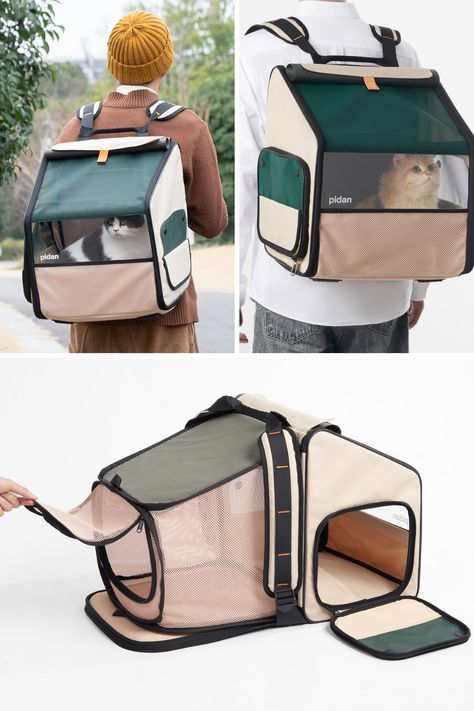 Almost like an RV for your pet, the Travel Habitat Carrier is a cat shelter that you can carry around on your back wherever you go. Designed with an expandable form, the backpack transforms into a spacious home for your cat, with ample ventilation, an integrated litter box, and enough space for a kibble and water bow too. Shop Now! Pet Bag Carrier, Cat Carry Bag, Cat Carrying Bag, Cat Travel Bag, Cat Travel Essentials, Diy Pet Carrier, Cat Carrier Diy, Baby Beetlejuice, Cat Bag Carrier