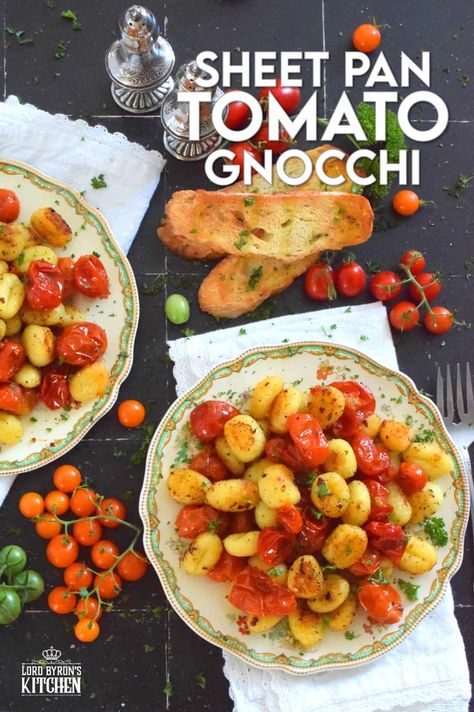 This 30-minute dinner, prepared with fresh tomatoes, is delicious any time of the year not just during tomato growing season. Sheet Pan Tomato Gnocchi is a toss-and-bake type of recipe that requires no supervision at all. If you're hungry and in a hurry, this should be your go-to meal every single time! #gnocchi #tomatoes #sheetpan #dinner #vegetarian Pizza Combinations, Tomato Gnocchi, Tomato Growing, Dinner Vegetarian, Homemade Flatbread, Baked Gnocchi, Baked Tomatoes, Homemade Pizza Dough, Pasta Sauces