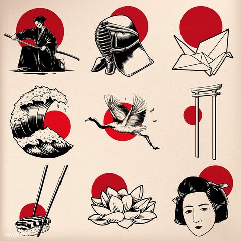 Japanese tradition style vectors | premium image by rawpixel.com Premium Illustration, Japanese Tattoo Women, Borneo Tattoo, Japanese Tattoo Symbols, Tattoo Placements, Yakuza Tattoo, Japan Illustration, Theme Tattoo, Desain Editorial