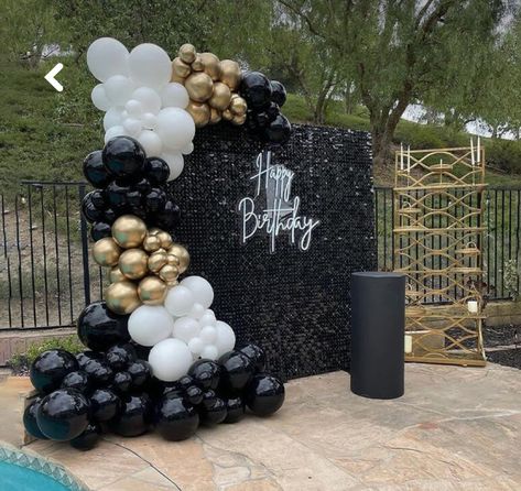 49th Birthday Decoration Ideas, Sweet 16 All Black Party, Decoration For Men Birthday Party, Black Shimmer Wall With Balloons, Men Decoration Party, Black And Gold Party Decorations For Men Birthday, 50 Th Birthday Party Ideas For Men Decoration, Black Gold White Backdrop, 50th Birthday Party Backdrop Ideas