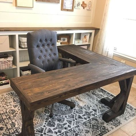 Pottery Barn inspired desk DIY - L-Shaped Farmhouse Wood Desk + Office Makeover- This DIY will save you so much money!  #farmhouseLdesk #Lshapedesk #farmhousedesk #DIYoffice #farmhouseglam #farmhouseofficedecor #farmhousefurniture Office Makeover Diy, Wood Desk Office, Desk Diy, Woodwork Ideas, Diy Office, Office Furniture Design, Office Makeover, Desk Office, Interior Designing