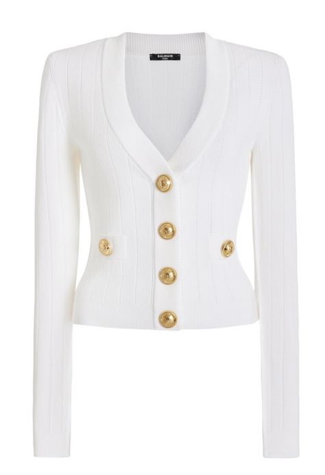 Balmain Sweater, White Cropped Cardigan, Balmain Top, American Western, Rib Knit Cardigan, Modern Muse, Fitted Cardigan, Button Sweater, White Cardigan