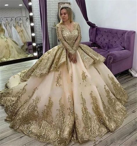 quinceanera dresses 2021 Gold Quinceanera Dresses, Champagne Ball Gown, Quinceanera Dresses Gold, Sweet 16 Dress, Gold Wedding Dress, Quince Dress, Wedding Dress Sequin, 16 Dress, Sequin Wedding