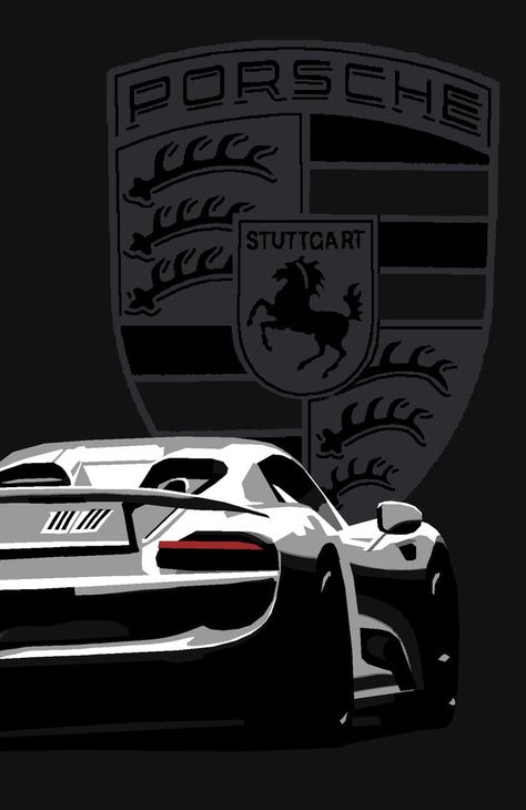 This is a flattened poster of the rear view of a silver Porsche, fully black and white save for the red backlight. In the background is a large, grey version of  the Porsche logo (a shield showing a black horse and the word Stuttgart on top of the Stuttgart coat of arms). Retro Porsche, Rolls Royce Car, Moto Logo, Royce Car, Automotive Illustration, White Ferrari, Sports Car Wallpaper, Cars Design, Luxurious Cars