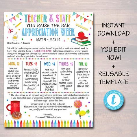 Editable Raise the Bar Theme Teacher Appreciation Staff Invitation Newsletter, Printable Week of Events, Take Home Flyer, INSTANT DOWNLOAD Bar None Teacher Appreciation, Teacher Appreciation Bar Theme, Raise The Bar Teacher Appreciation, Teacher Appreciation Bars, Snack Cart, Teachers Week, Pta Ideas, Staff Appreciation Week, Dear Students