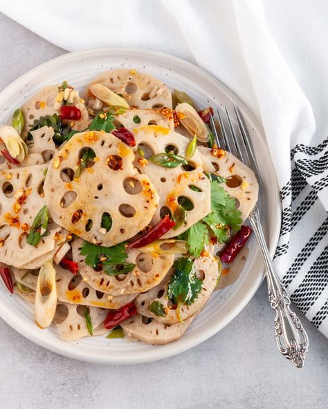 Spicy Lotus Root Salad - Tiffany Angela Lotus Root Salad, Lotus Root Recipe Indian, Lotus Root Recipe, Date Night Food, Autumn Date Night, Root Salad, Dried Red Chili Peppers, Rice Dumplings, Festival Foods