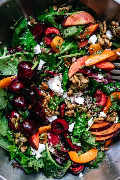 Mountain Picnic, Nut Brittle, Stone Fruit Salad, Fresh Apricots, Cherries Salad, Vegan Feta, Kale Quinoa, Baby Kale, Cooking Healthy