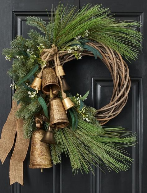 Boho Christmas Wreaths For Front Door, Front Door Christmas Wreath Ideas, Unique Christmas Wreaths For Front Door, Christmas Wreaths For Front Door Modern, Wreath With Bells, Front Door Christmas Wreath, Christmas Front Door Wreath, Christmas Stem, Front Door Christmas