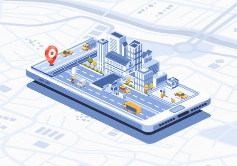 Smart city isometric mobile app on smart... | Premium Vector #Freepik #vector #car Green Roof House, Navigation Map, Exterior Rendering, Building Illustration, Gps Navigation System, Isometric Illustration, 3d Scanning, House Illustration, 3d Interior