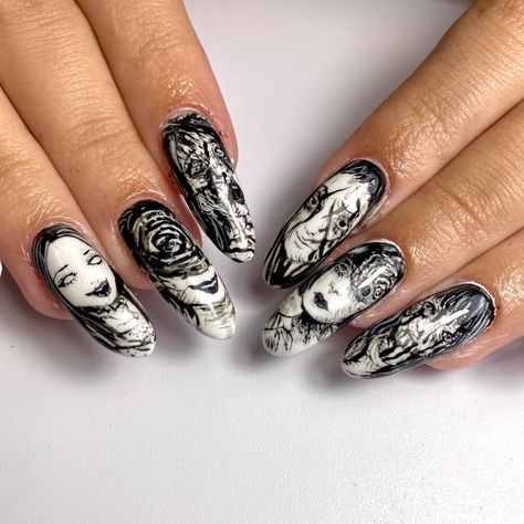 Junkies Ito Nails, Junji Ito Inspired Nails, Junji Ito Nail Art, Junji Ito Nails, Coke Nails, Anime Inspired Nails, Alien Nails, Nail Artwork, Horror Nails