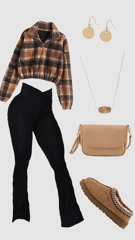 Christmas Outfit Winter, Brown Jacket Outfit, Outfit College, Outfit School, Outfit Brown, Tan Purse, Black Yoga Pants, Brown Necklace, Trendy Fall Outfits