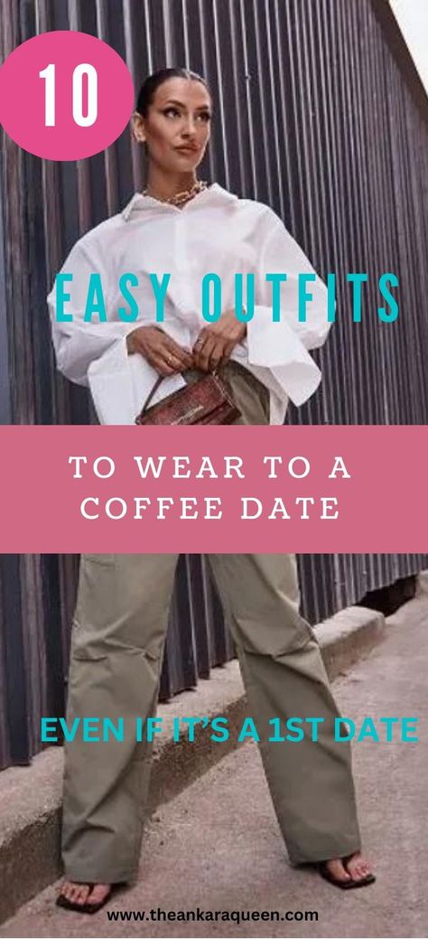 A slim woman with slicked back hair wears an oversized white button-down dress shirt with pale green cargo pants and black sandals. She carries a dark brown  handbag. Brunch First Date Outfit, Summertime Date Night Outfit, Coffee Date Outfit Aesthetic, Coffee Date Outfit Summer, First Date Outfit Summer, Casual First Date Outfit, Date Outfit Aesthetic, Coffee Date Outfit Ideas, Date Looks