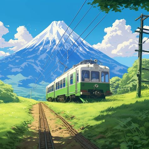 Anime In Train, Train Scene Anime, Green And Blue Asthetics, Green Anime Scenery, Studio Ghibli Background Art, Ghibli Style Background, Ghibli Style Landscape, Studio Ghibli Mountains, Anime Green Background