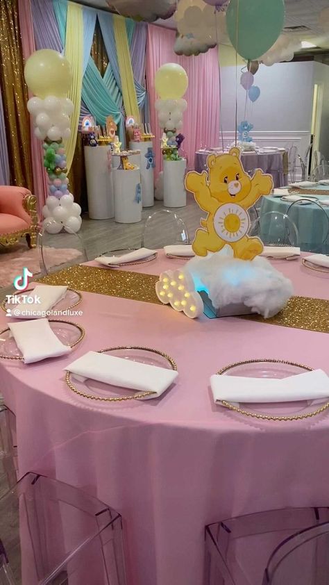 Care Bear Theme Baby Shower Ideas, Care Bears Baby Shower Theme, Care Bear Baby Shower Ideas, Butterfly Baby Shower Decorations, Care Bears Birthday Party, Girl Shower Themes, Care Bear Party, Autumn Birthday, Baby Shower Party Themes