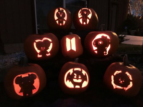 Halloween Pumpkins Carvings Designs, Cute Pumpkin Carving, Pumkin Carving, Pumpkin Carving Designs, Pumpkin Carving Ideas, Halloween Pumpkins Carvings, Carving Ideas, Cute Pumpkin, I Love Bts