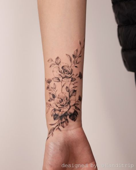 Rose Vine Tattoos, Botanical Tattoo Design, Flower Vine Tattoos, Wrap Around Wrist Tattoos, Rose Tattoo On Arm, Around Arm Tattoo, Wrap Tattoo, Flower Tattoo Drawings, Forarm Tattoos