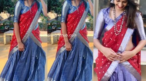 Niharika Konidela’s Festive Look! | Fashionworldhub Pink And Blue Half Saree, Half Saree Outfit, Silver Half Saree, Pattu Lehenga Half Saree, Half Saree Blouse Designs, Blue Half Saree, Red Half Saree, Pattu Half Saree, Niharika Konidela