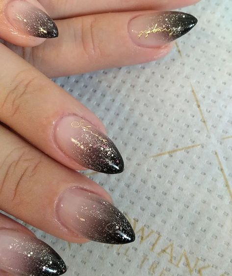 black-glitter-ombre-nails-29 Black Clear Ombre Nails, Glitter Black Tip Nails, Nails To Match Black Dress And Red Shoes, Glittery Ombré Nails, Black Nails With Ombre Glitter, Black Glitter Gradient Nails, Gold And Black Ombre Nails, Nye Almond Nails, Black Sparkly Ombre Nails