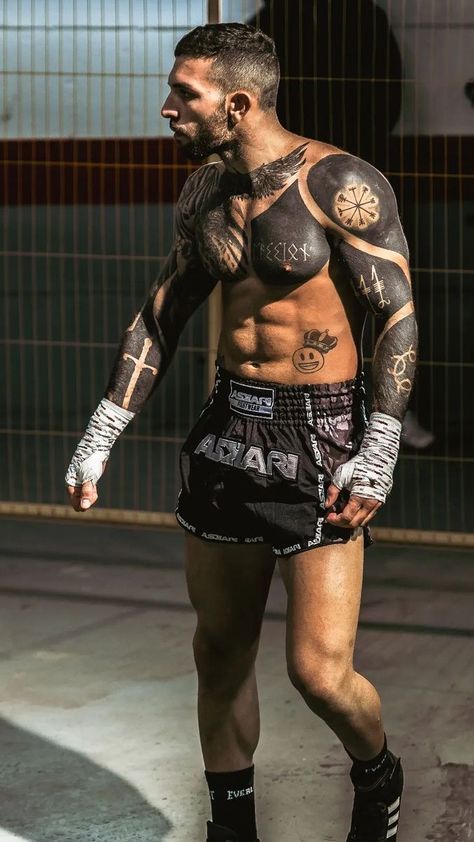 Ufc Fighters Tattoo, Martial Arts Tattoos, Calf Tattoo Ideas, Muay Thai Tattoo, Bare Knuckle Boxing, Fighter Tattoo, Mma Motivation, Boxing Clothes, Muay Thai Shorts