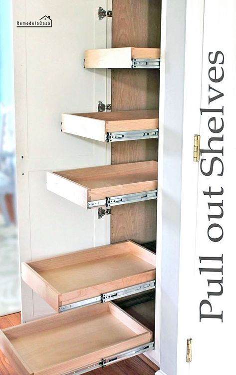 Diy Shelves Design, Diy Pantry Shelves, Open Pantry, Pantry Drawers, Craft Closet, Organization Closet, Sliding Shelves, Pull Out Shelves, Pantry Shelving