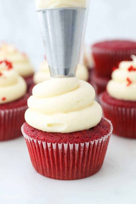 These homemade Red Velvet are so light, fluffy, and moist. They’re topped with the velvetiest cream cheese frosting. Cream Cheese Cake Frosting, Cupcakes Red Velvet, Cream Cheese Buttercream Frosting, Cheese Frosting Recipe, Cream Cheese Frosting Cake, Nursing Cake, Cream Cheese Buttercream, Cupcakes With Cream Cheese Frosting, Cake Frosting Recipe