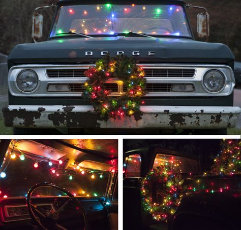 An old truck finds new purpose thanks to Christmas lights and decor. Christmas car decorating ideas are fun for any vehicle regardless of age or ability to run! Car Decorating Ideas, Car Decorating, Christmas Car Decorations, Christmas Parade Floats, Holiday Car, Happy Christmas Day, Old Truck, Christmas Place, Car Decorations