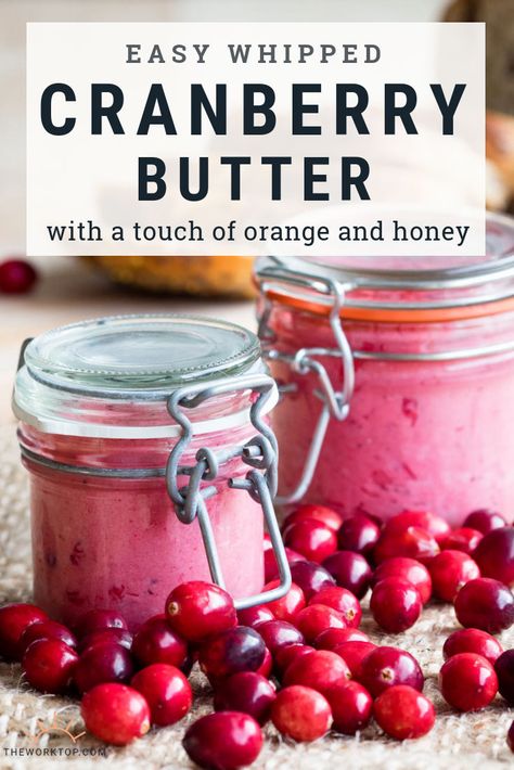 This whipped cranberry butter is so easy to make. It's a perfect holiday condiment, or when you have leftover cranberries to use up. This is a great spread to use on cornbread, toast, and bagels. Also a beautiful homemade hostess gift! Recipe on www.theworktop.com. #cranberries #butter #whippedbutter #recipe Whipped Cranberry Butter, Things To Do With Cranberries, Easy Cranberry Recipes, Orange Honey Butter Recipe, Christmas Honey Cranberry Butter, Christmas Cranberry Butter, Cranberry Honey Butter Recipe, Cranberry Compound Butter, Apple Cranberry Butter