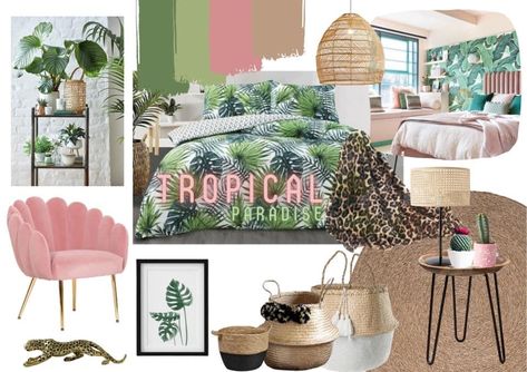 Tropical Boho Bedroom Ideas, Bedroom Ideas Tropical Style, Tropical Rattan Living Room, Pink And Green Tropical Bedroom, Tropical Pink Bedroom, Jungle Glam Bedroom, Coastal Tropical Bedroom, Pink Jungle Bedroom, Tropical Inspired Bedroom