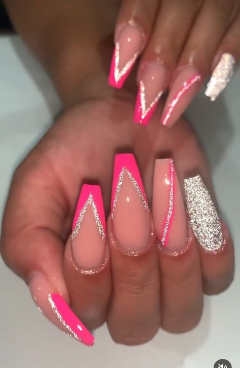 Nail Art Designs Fancy, Cute Gel X Nail Ideas, Hot Pink Glitter Nails Acrylic, Prom Nails Hot Pink, Pink And Gold French Tip Nails, Valentines Day Nails Coffin Pink, Classy Gel Nail Designs, Prom Nails For Pink Dress, Pink Nails Ideas Glitter