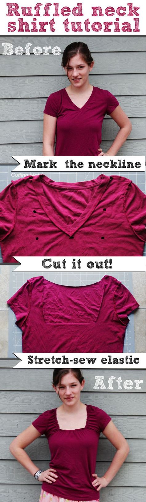 10 minute project to change neckline to more feminine for tshirt Reuse Fabric, Shirt Crafts, Shirt Tutorial, Sewing Elastic, Diy Vetement, Shirt Diy, T-shirt Refashion, Shirt Refashion, Old T Shirts