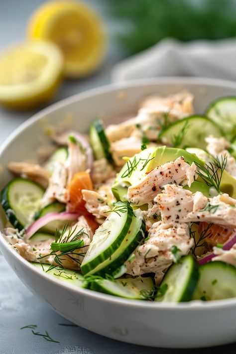 Delicious and Easy Keto Chicken Salad with Avocado and Cucumber Recipe for Beginners #ketodiet #ketorecipes #lowcarb Chicken Salad Recipe Cucumber, Chicken Cucumber Avocado Salad, Cucumber Chicken Salad, Chicken Salad Keto, Chicken Salad With Avocado, Avocado And Cucumber, Chicken Cucumber, Keto Chicken Salad, Cucumber Avocado Salad