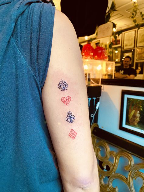 Card Suit Tattoo Female Four Suits Tattoo, Card Suites Tattoos, Worst Hand In Poker Tattoo, 4 Suits Of Cards Tattoo, Card Deck Tattoo Design, Card Tattoo Designs For Men, Poker Inspired Tattoo, Card Suit Tattoo Design, Suit Of Cards Tattoo