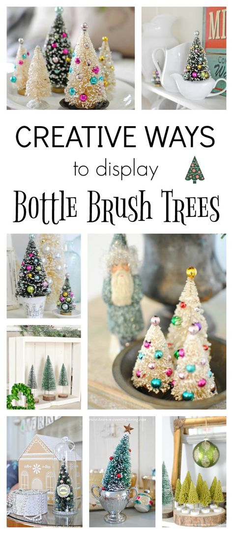 Creative Ways to Display Bottle Brush Trees Bottle Brush Christmas Trees Display, Bottle Brush Trees Display, Bottle Trees, Bottle Brush Christmas Trees, Tree Centerpieces, Brush Trees, Christmas Village Display, Village Display, Miniature Christmas Trees