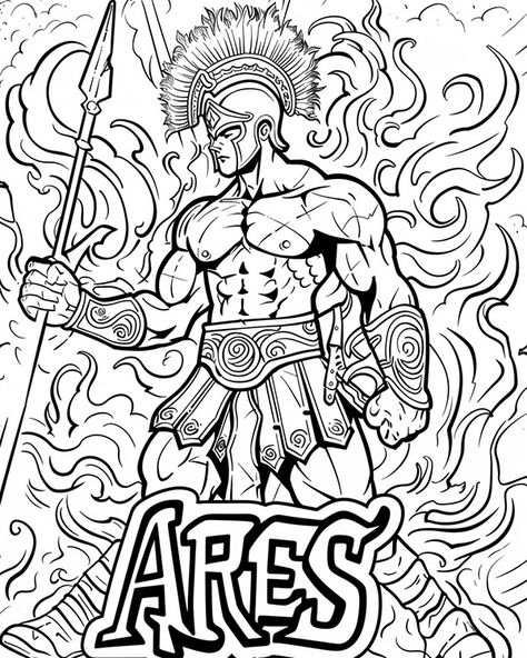 graffiti art coloring page of Ares Mythology Coloring Pages, Greek Gods Line Art, Greek God Line Art, Greek Gods Coloring Pages, Greek Goddess Coloring Pages, Greek Drawing, Legend Images, Roman Gods, Greek Culture