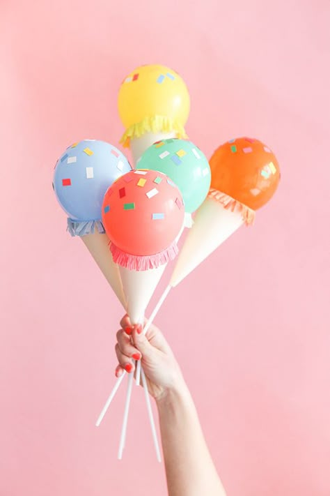 Mini Ice Cream Cone Balloon Sticks DIY | Oh Happy Day! Mini Ice Cream Cones, Mini Ice Cream, Pastel Cupcakes, Ice Cream Birthday Party, Ice Cream Theme, Colorful Balloons, Ice Cream Social, Up Balloons, Ice Cream Birthday