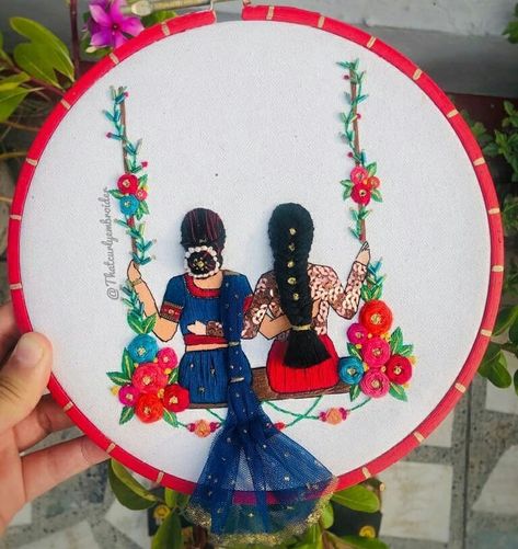 Mother Daughter Embroidery Hoop, Mother Daughter Embroidery, Mother Daughter Bond, Thread Craft, Embroidery Hoop Art Diy, Mother Daughter Bonding, Miss My Mom, Saree Fashion, Hoop Embroidery