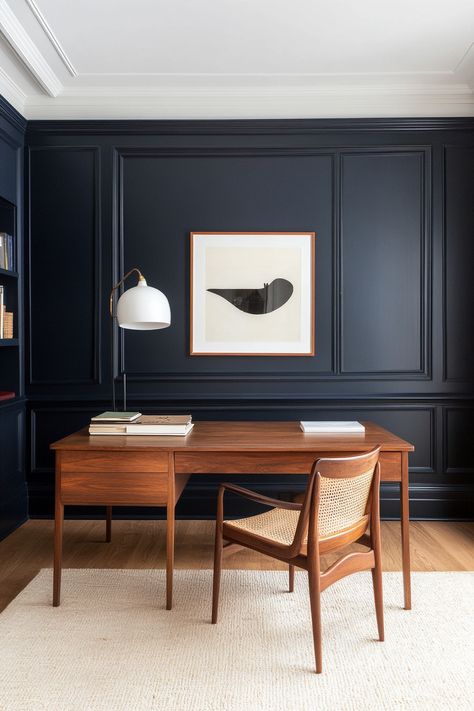 15 Tips for Creating a Coastal Living Room Oasis – Everyday Inspo Navy Blue Office Paint Color, Blue Office Walls, Dark And Moody Office, Moody Office Ideas, Small Moody Office, Office Accent Wall, Dark Blue Office, Mexican Farmhouse Decor, Black Bedroom Aesthetic