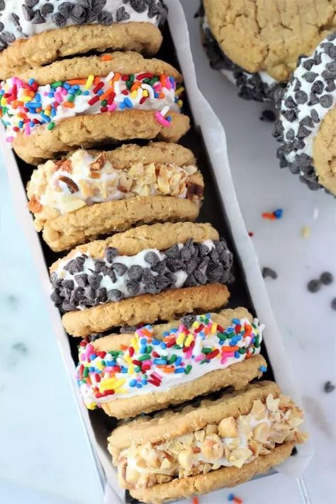 comment below which one you wanna eat! Peanut Butter Cookie Ice Cream Sandwich, Cookie Ice Cream Sandwiches, Cookie Ice Cream, Best Peanut Butter Cookies, Chewy Peanut Butter Cookies, Delicious Ice Cream, Ice Cream Cookie Sandwich, Lost 100 Pounds, Healthy Food Facts