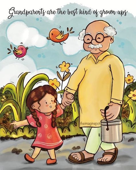 Indian Grandparents, Childhood Memories Art, Grandparents Quotes, Grand Parents, Indian Illustration, Miss Him, Watercolor Paintings Tutorials, Book Art Diy, Character Design Animation