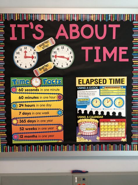 It's about time bulletin board Telling Time Bulletin Board Ideas, Time Management Bulletin Board, Movie Schedule, Elapsed Time, Telling Time, About Time, Board Ideas, School Days, Bulletin Boards