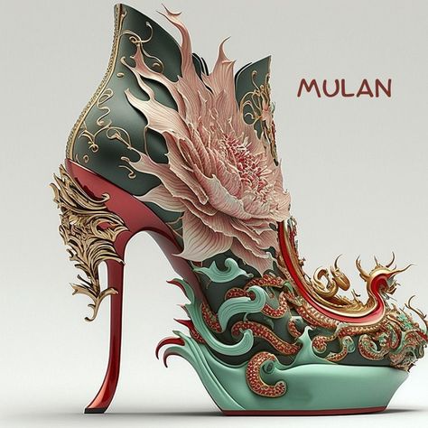 I imagined Disney characters as heels.2022. Dragon High Heels, Fantasy Shoes Heels, Fantasy High Heels, Shoe Transformation, Disney High Heels, Fantasy Heels, Disney Heels, Decorative Shoes, Disney Princess Shoes