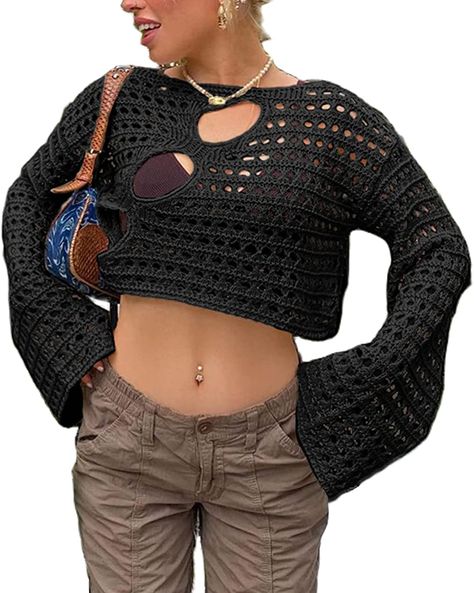 Distressed Crochet, Retro Streetwear, Smock Top, Y2k Clothes, Looks Black, Knit Crop Top, Spice Girls, Knit Crop, Casual Pullover