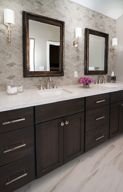 Bathrooms With Dark Brown Cabinets, Dark Brown Cabinet Bathroom, Bathroom With Dark Brown Cabinets, Espresso Vanity Bathroom Ideas, Dark Brown Bathroom Cabinets, Dark Cabinets Bathroom, Dark Brown Bathroom, Quartz Bathroom Countertops, Master Bath Tile