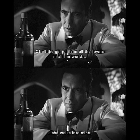 "Of all the gin joints in all the world . . . " --#Casablanca  #HumphreyBogart  #RickBlaine Old Movie Quotes, Casablanca Movie, Classic Movie Quotes, Bogart And Bacall, Sir Anthony Hopkins, Best Movie Quotes, Lauren Bacall, Humphrey Bogart, Movie Lines