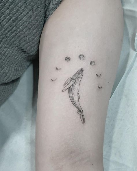 Whalein52 Tattoo, Aesthetic Whale Tattoo, Delicate Whale Tattoo, Celestial Whale Tattoo, Whale Tattoo Aesthetic, Blue Whale Tattoo Design, Two Whales Tattoo, Dainty Whale Tattoo, Whale Arm Tattoo