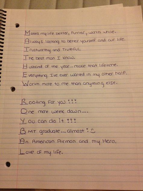 I've written my husband every day he's been away at Air Force Basic Training. Some letters are short, some are a bit longer, but all are uplifting - Reminding him how incredible he is. As a wife, we should motivate our husbands and encourage their dreams. This is a cute little letter idea, using their name to quickly get some messages across. #AirForceWife #Milso #BasicTraining: Army Letters Ideas, Jail Letter Ideas, Basic Training Letters Ideas, Bootcamp Letter Ideas, Inmate Letters Ideas, Jail Mail Ideas Love Letters, Military Love Letters, Jail Letters, Boyfriend In Jail