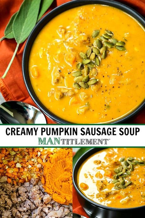 Pumpkin Sausage Soup, Creamy Pumpkin Soup Recipe, Soup Night, Pumpkin Sausage, Sausage Soup Recipes, Creamy Pumpkin Soup, Italian Sausage Soup, Pumpkin Soup Recipe, Mild Italian Sausage