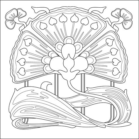 Art nouveau flower. Colouring page, pattern for embroidery, quilting etc. Art Deco Desen, Fleurs Art Nouveau, Art Deco Colors, Motifs Art Nouveau, Nouveau Tattoo, Illustration Art Nouveau, Art Deco Color, Coloring Pages For Grown Ups, Nouveau Illustration